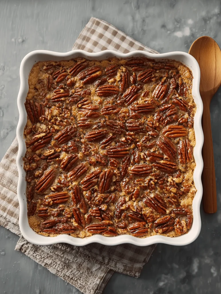 Delicious Pecan Pie Dump Cake topped with a buttery layer and rich pecan filling.
