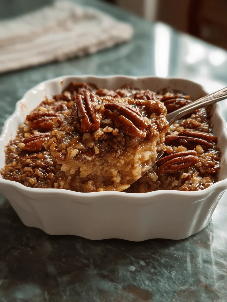 Delicious Pecan Pie Dump Cake topped with a buttery layer and rich pecan filling.