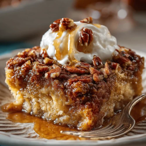 Delicious Pecan Pie Dump Cake topped with a buttery layer and rich pecan filling.