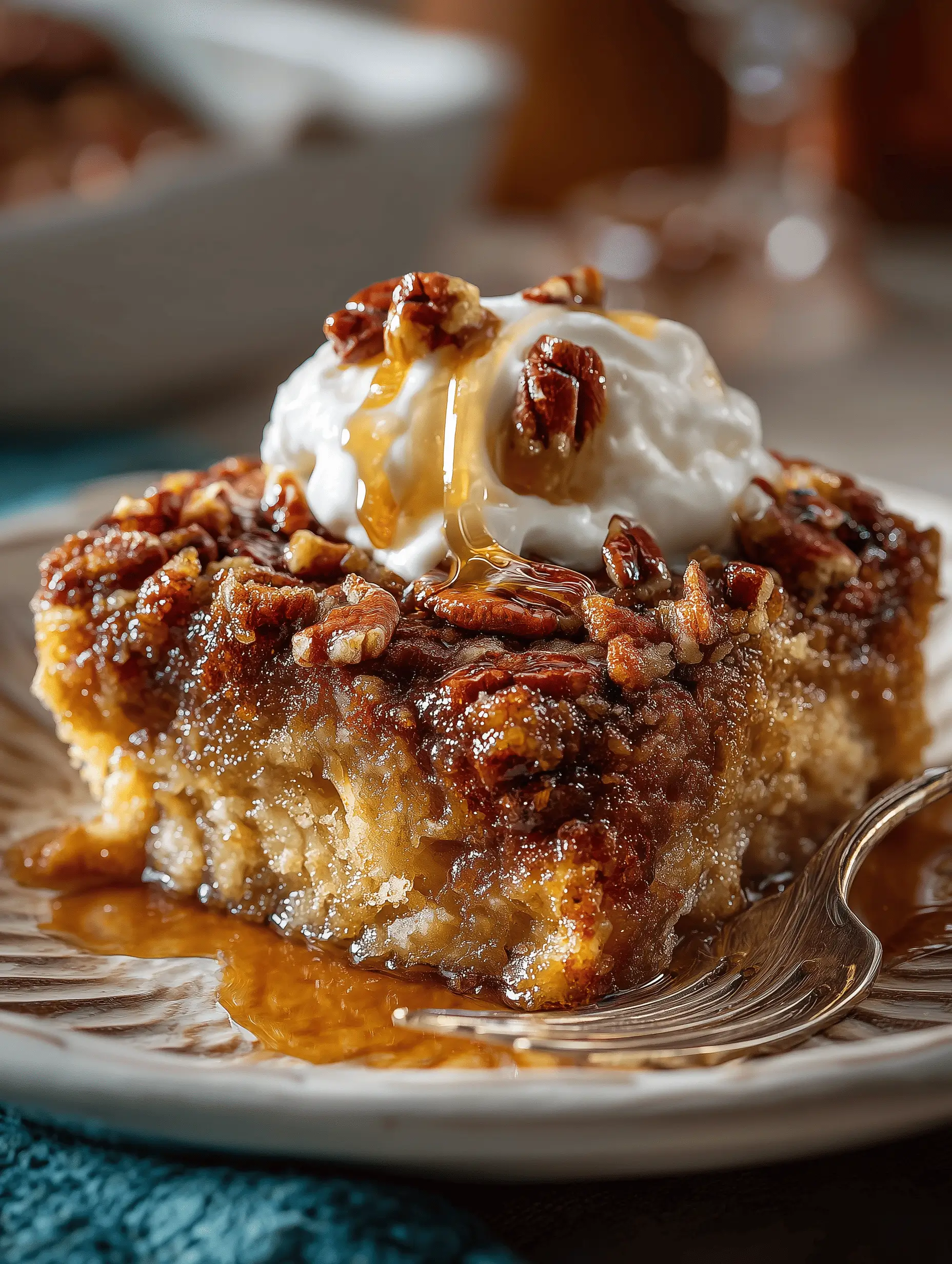 Delicious Pecan Pie Dump Cake topped with a buttery layer and rich pecan filling.