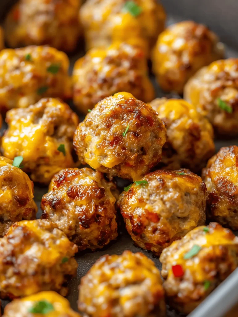 Golden brown Rotel Cream Cheese Sausage Balls served on a platter.