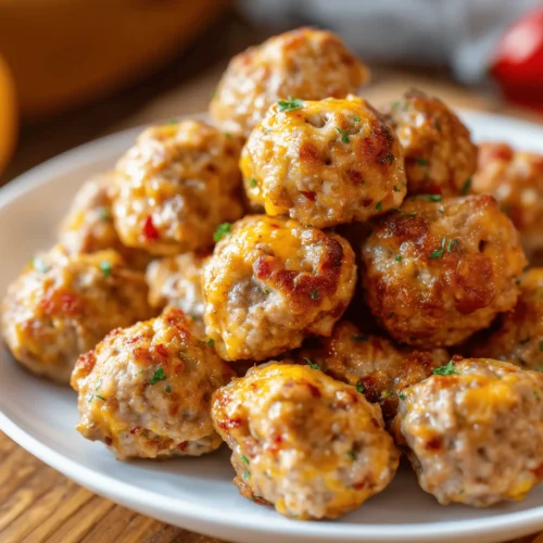 Golden brown Rotel Cream Cheese Sausage Balls served on a platter.
