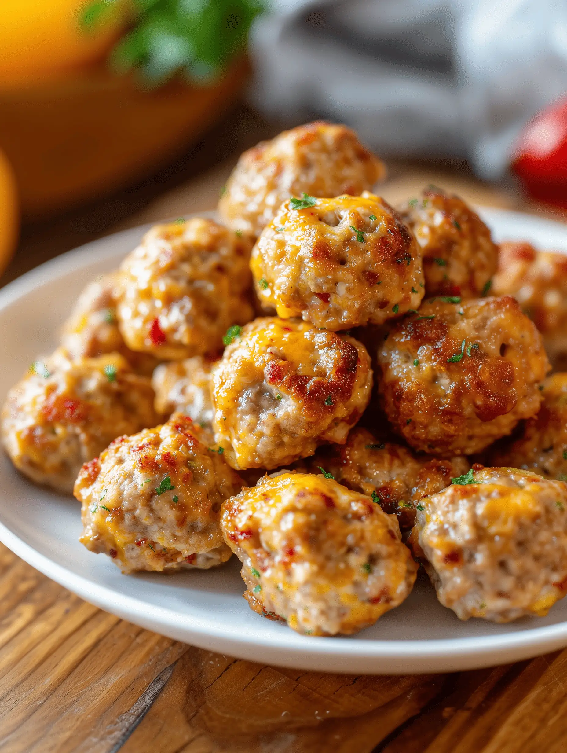 Golden brown Rotel Cream Cheese Sausage Balls served on a platter.