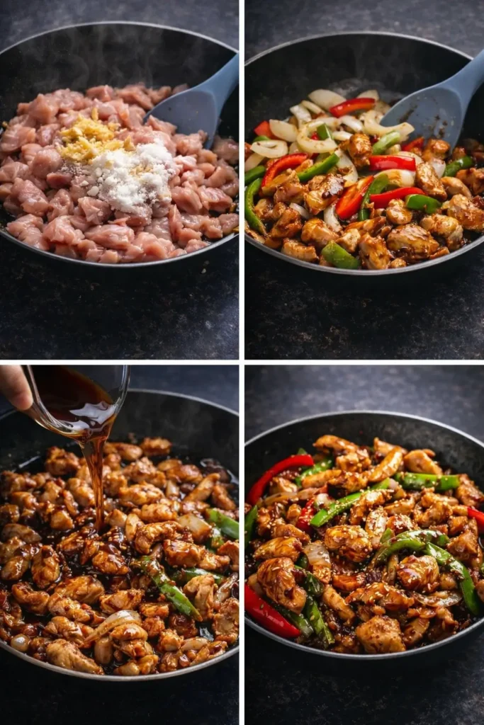 Delicious Black Pepper Chicken stir fry with tender chicken and fresh vegetables