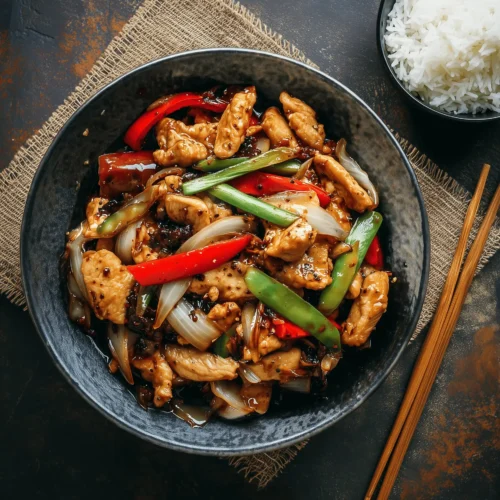 Delicious Black Pepper Chicken stir fry with tender chicken and fresh vegetables
