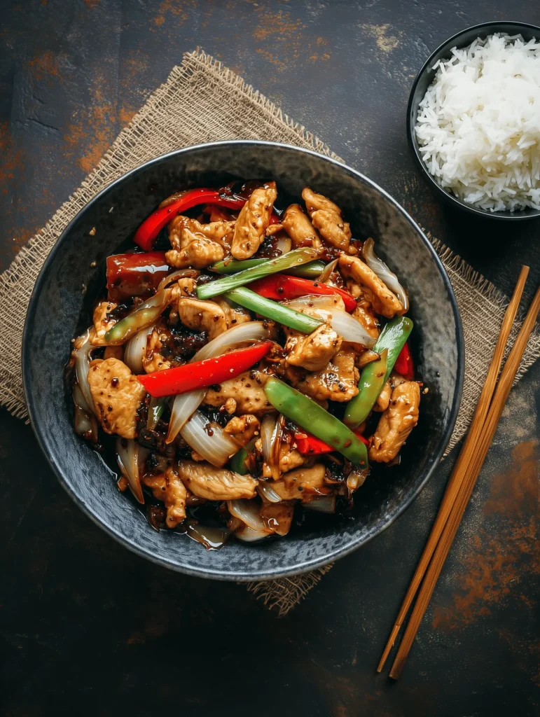 Delicious Black Pepper Chicken stir fry with tender chicken and fresh vegetables