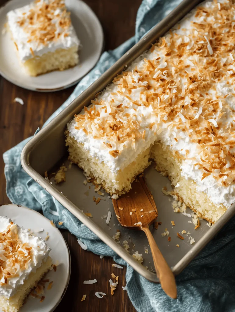 Delicious Coconut Poke Cake topped with Cool Whip and shredded coconut.