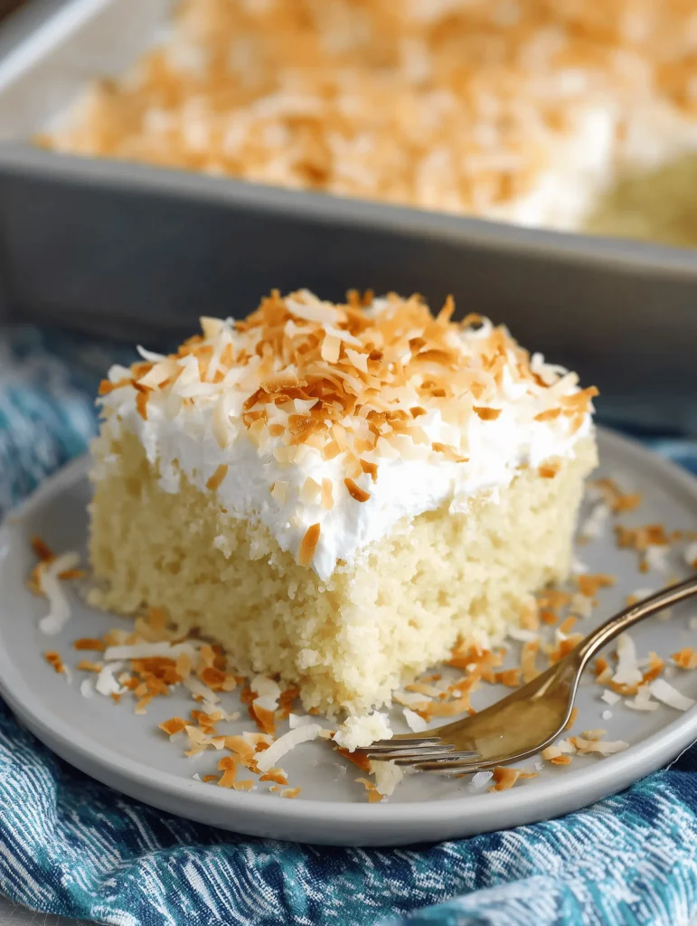 Delicious Coconut Poke Cake topped with Cool Whip and shredded coconut.