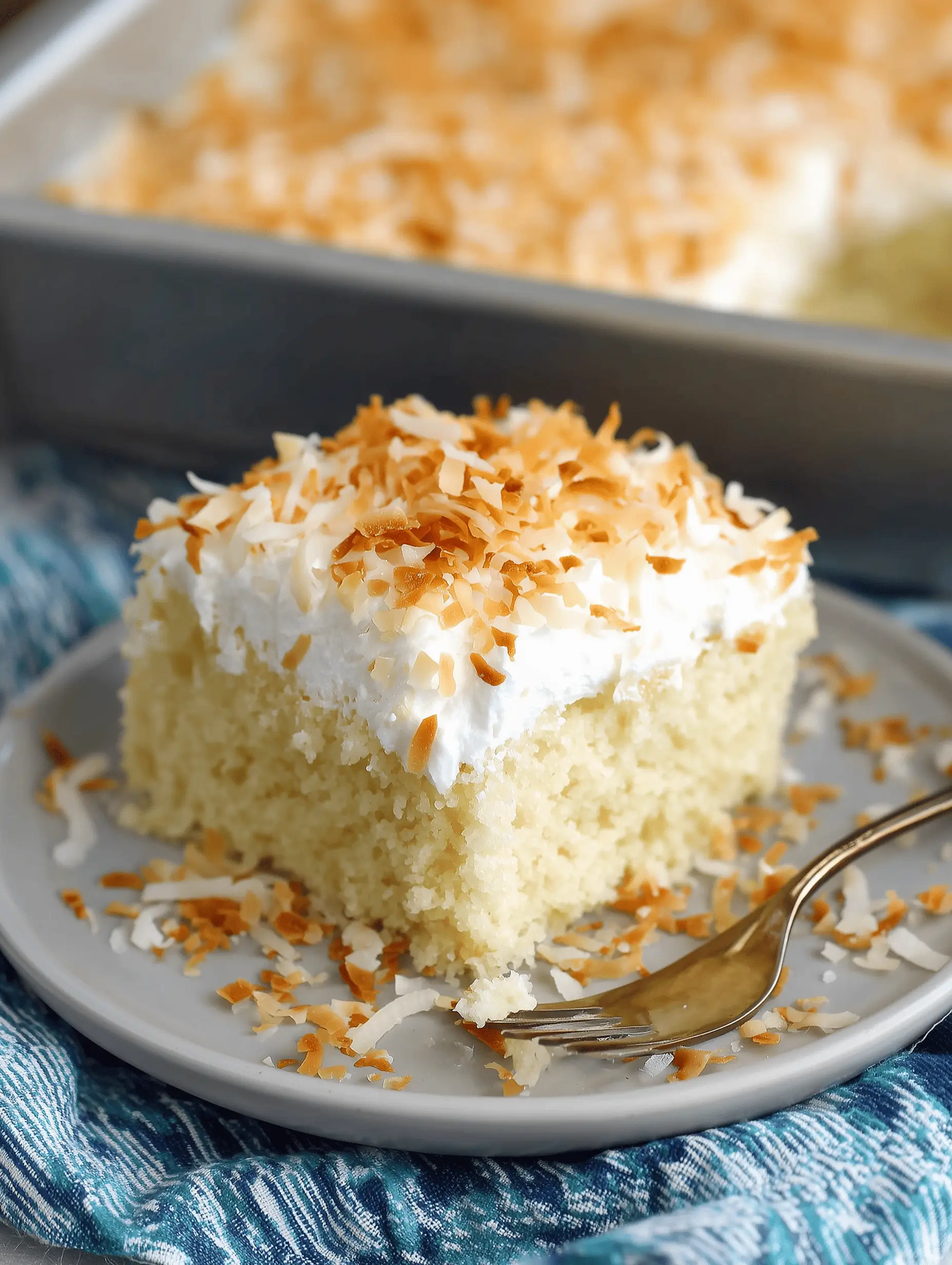 Delicious Coconut Poke Cake topped with Cool Whip and shredded coconut.