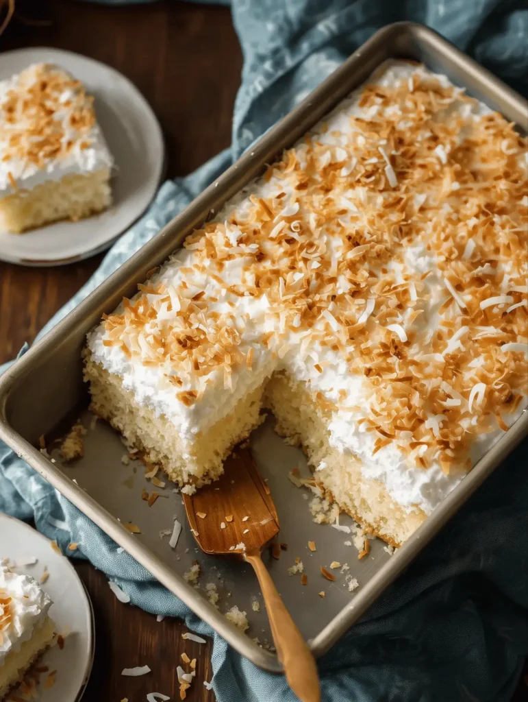 Delicious Coconut Poke Cake topped with Cool Whip and shredded coconut.