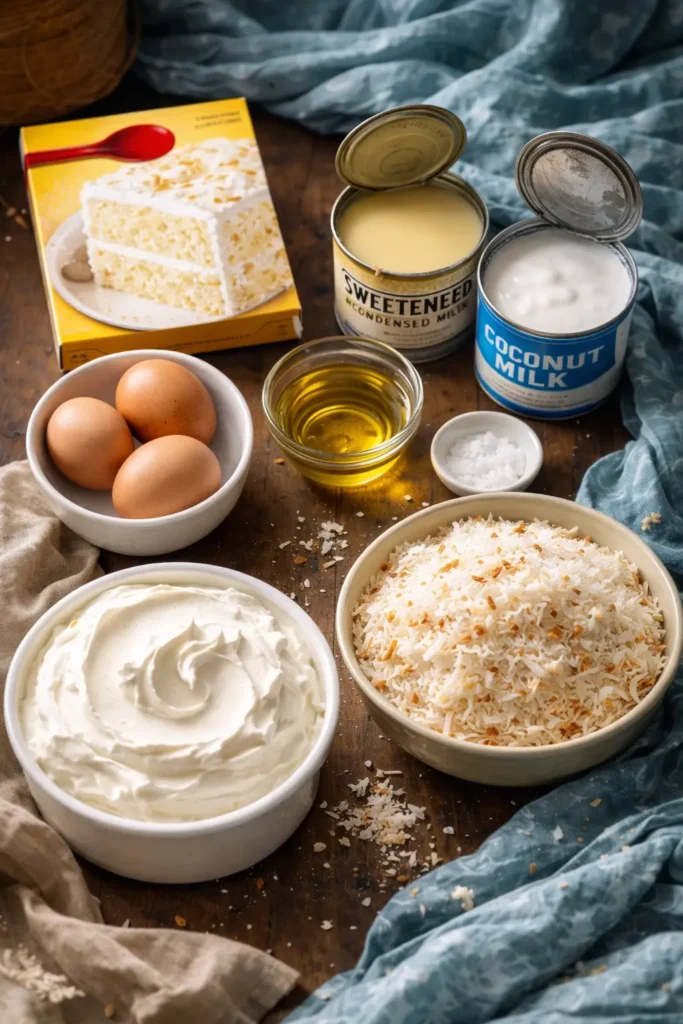 Delicious Coconut Poke Cake topped with Cool Whip and shredded coconut.