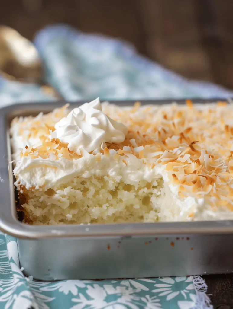 Delicious Coconut Poke Cake topped with Cool Whip and shredded coconut.