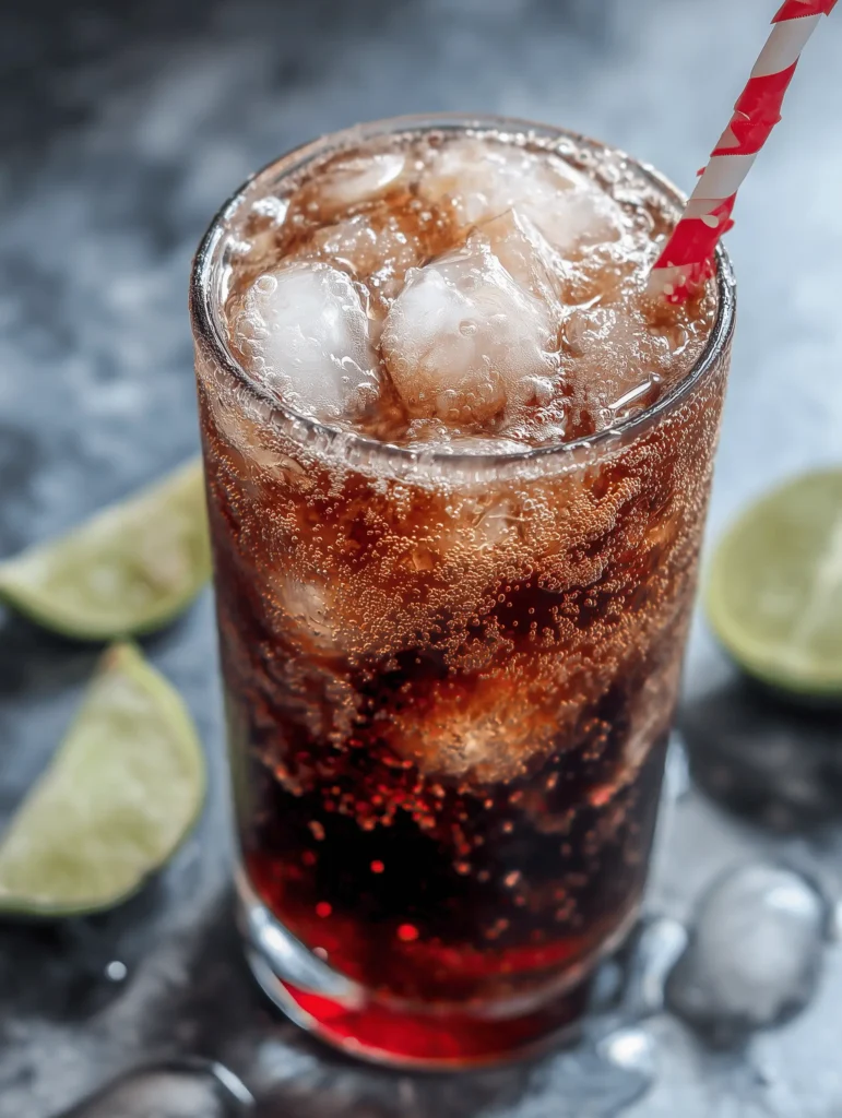 Glass of Dirty Dr Pepper with ice, lime slices, and coconut syrup.