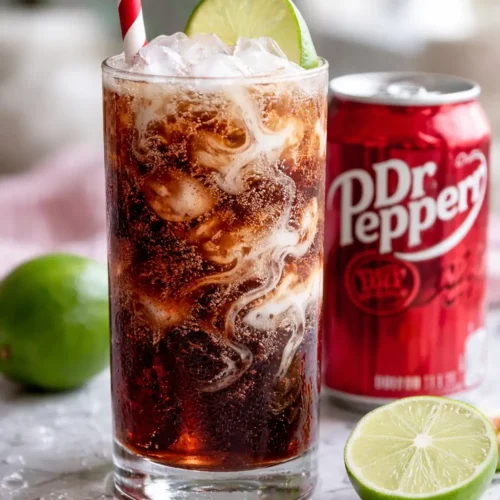 Glass of Dirty Dr Pepper with ice, lime slices, and coconut syrup.
