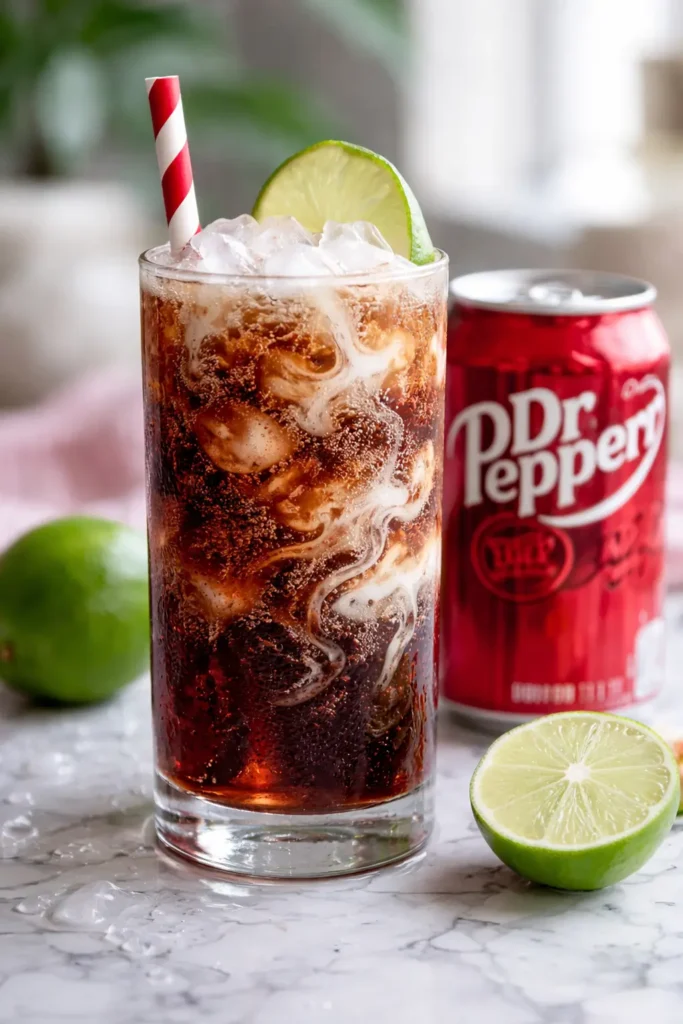 Glass of Dirty Dr Pepper with ice, lime slices, and coconut syrup.
