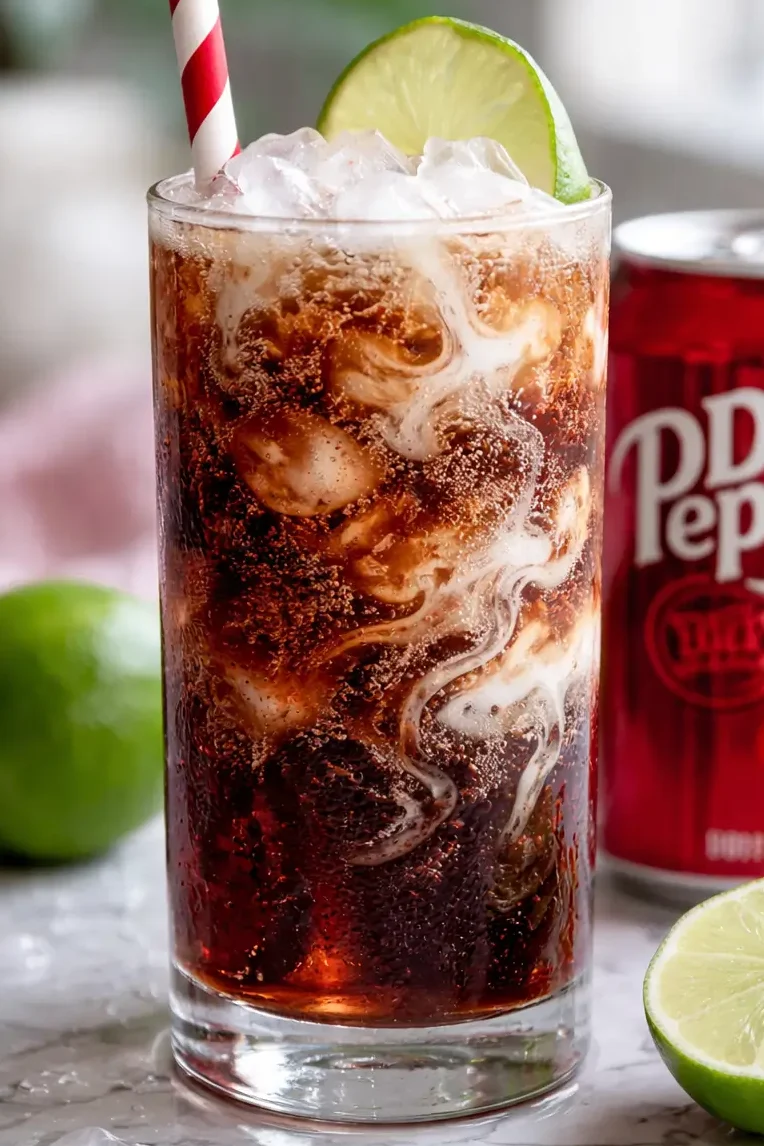 Glass of Dirty Dr Pepper with ice, lime slices, and coconut syrup.