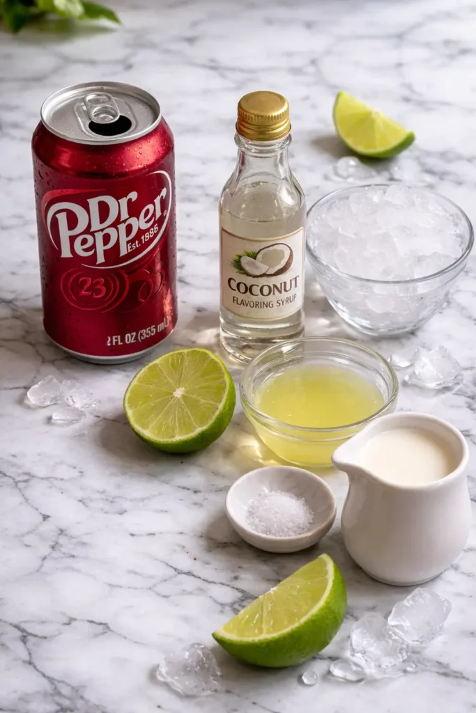 Glass of Dirty Dr Pepper with ice, lime slices, and coconut syrup.