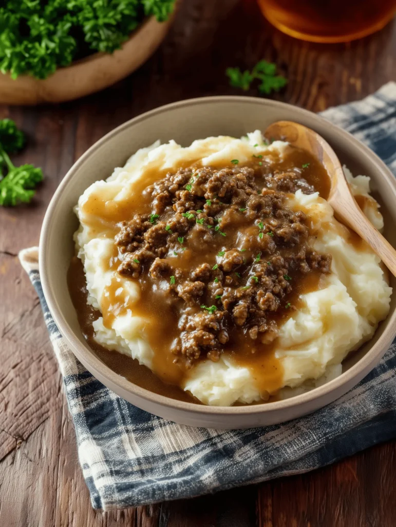 Comforting ground beef and gravy served over creamy mashed potatoes
