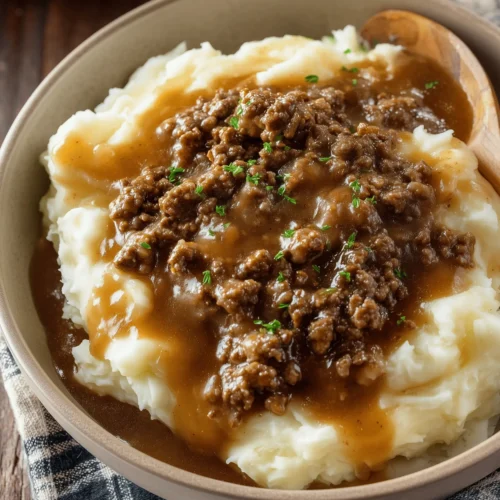 Comforting ground beef and gravy served over creamy mashed potatoes
