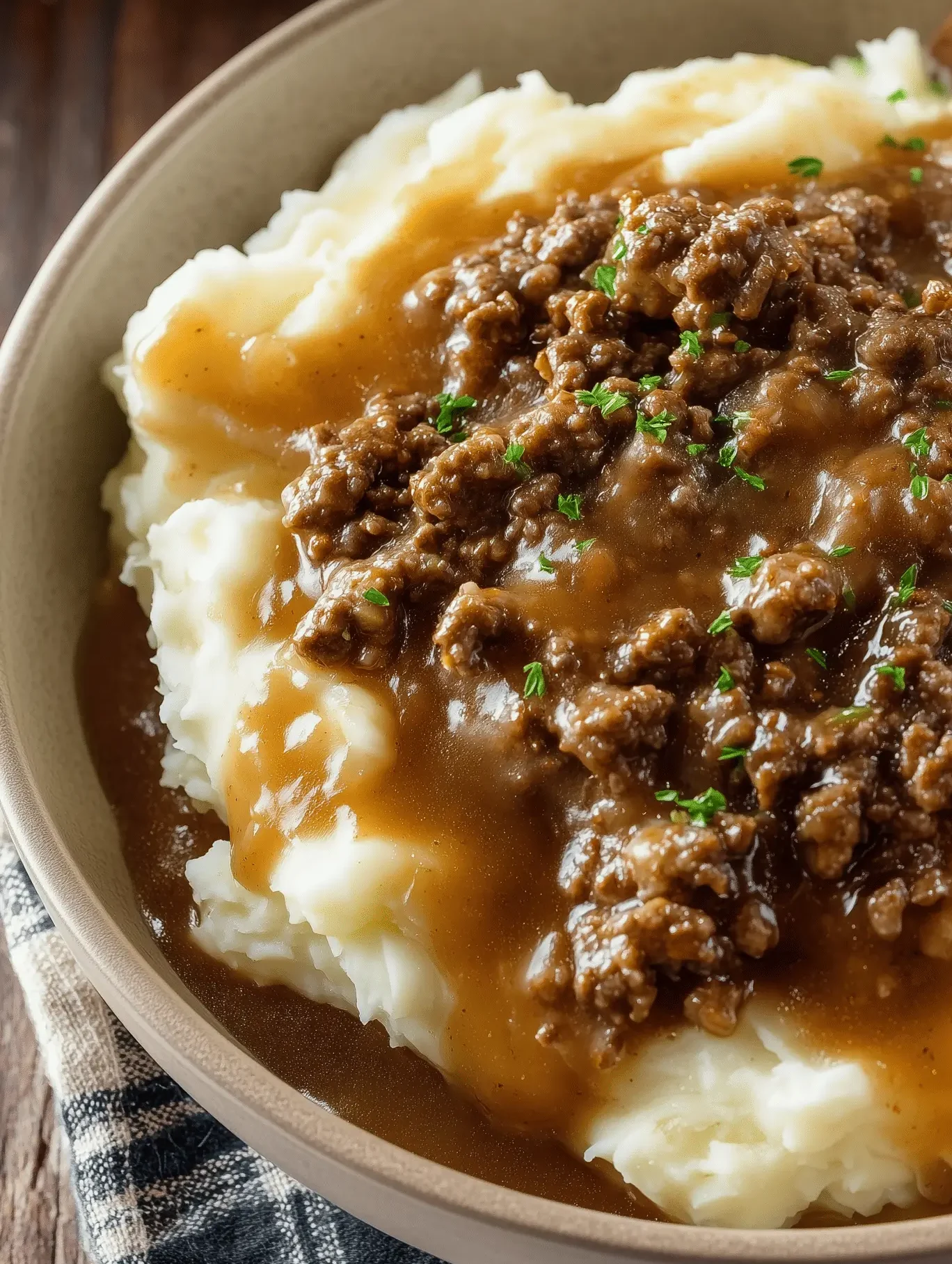 Comforting ground beef and gravy served over creamy mashed potatoes
