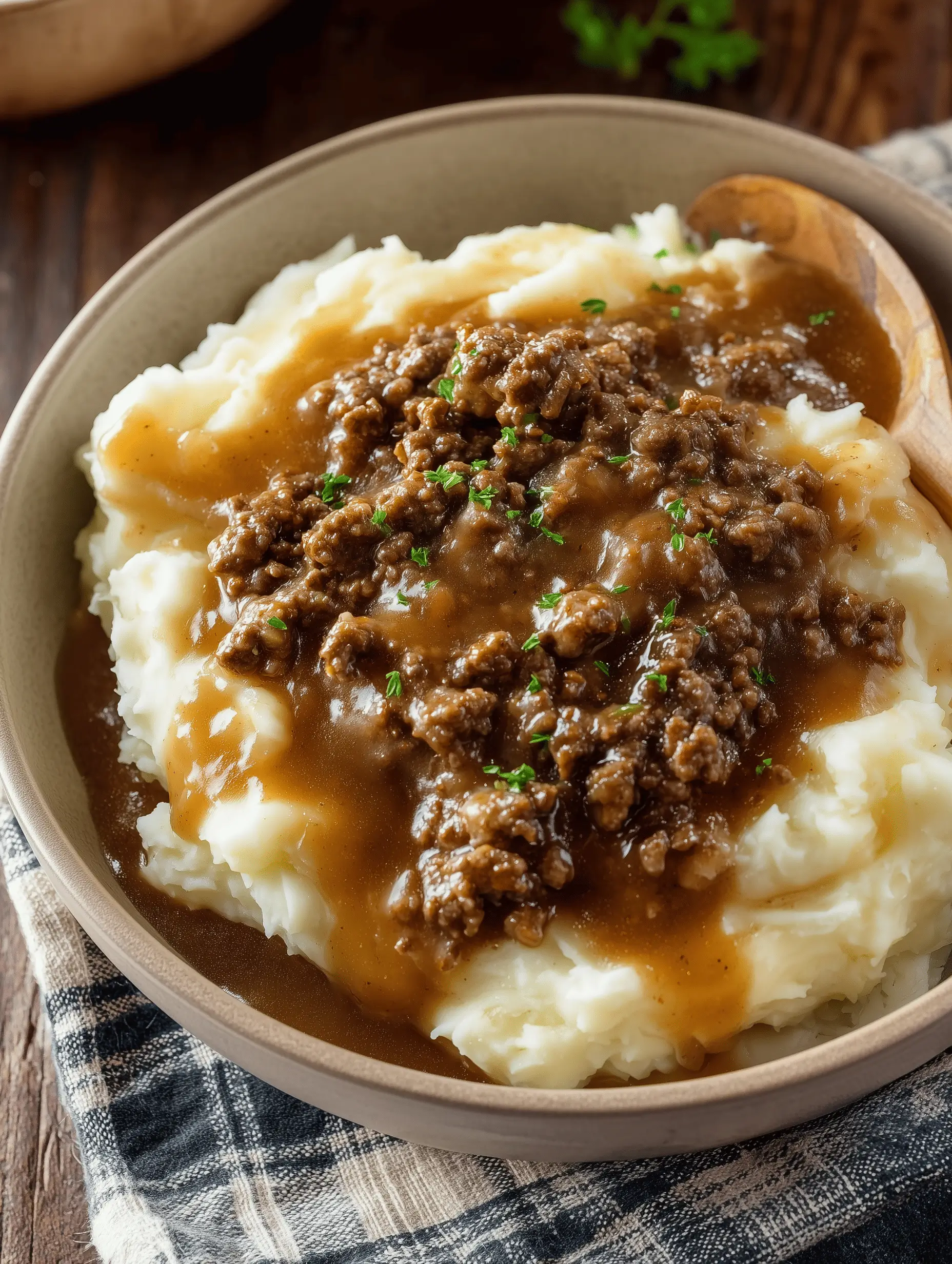 Comforting ground beef and gravy served over creamy mashed potatoes
