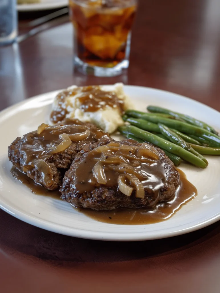 Hamburger steak with onions and gravy served with mashed potatoes