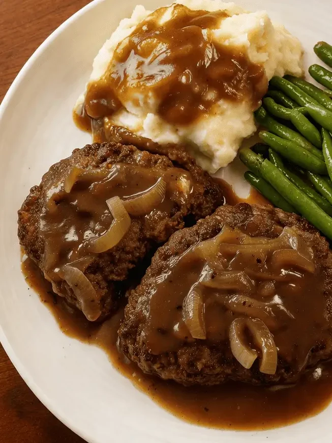 Hamburger steak with onions and gravy served with mashed potatoes