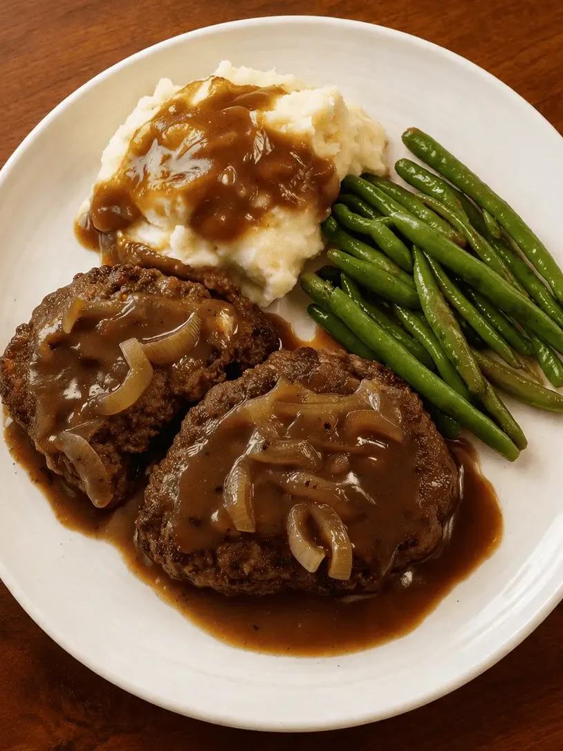 Hamburger steak with onions and gravy served with mashed potatoes