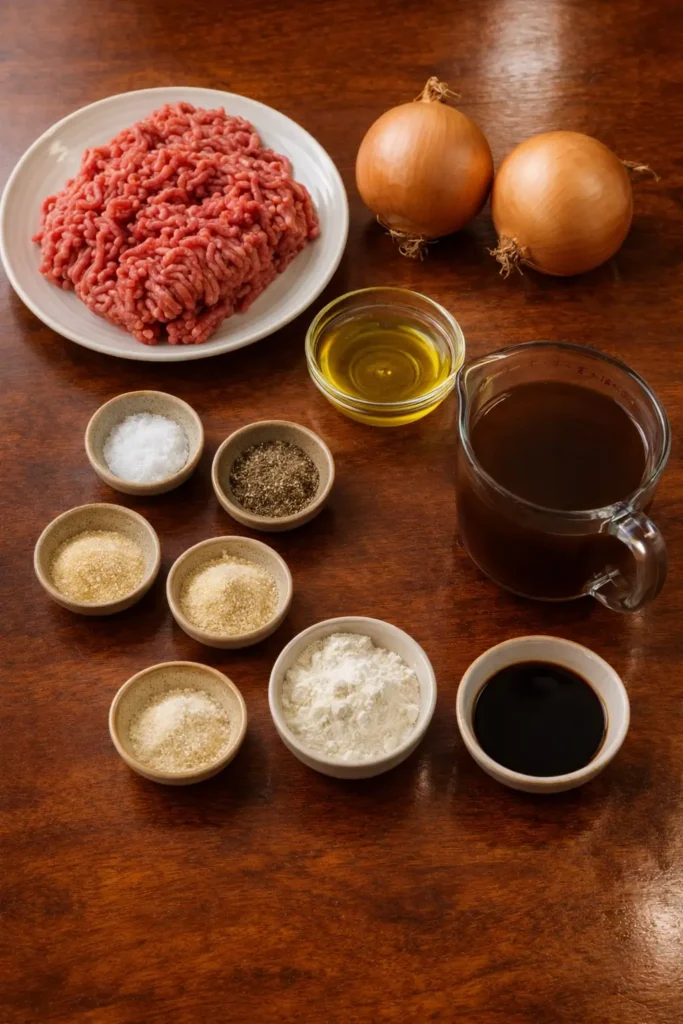Juicy hamburger steak with rich onion gravy served with creamy mashed potatoes