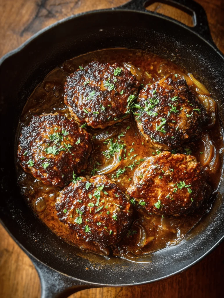 Hamburger steak with onions and gravy served with mashed potatoes