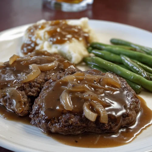 Hamburger steak with onions and gravy served with mashed potatoes