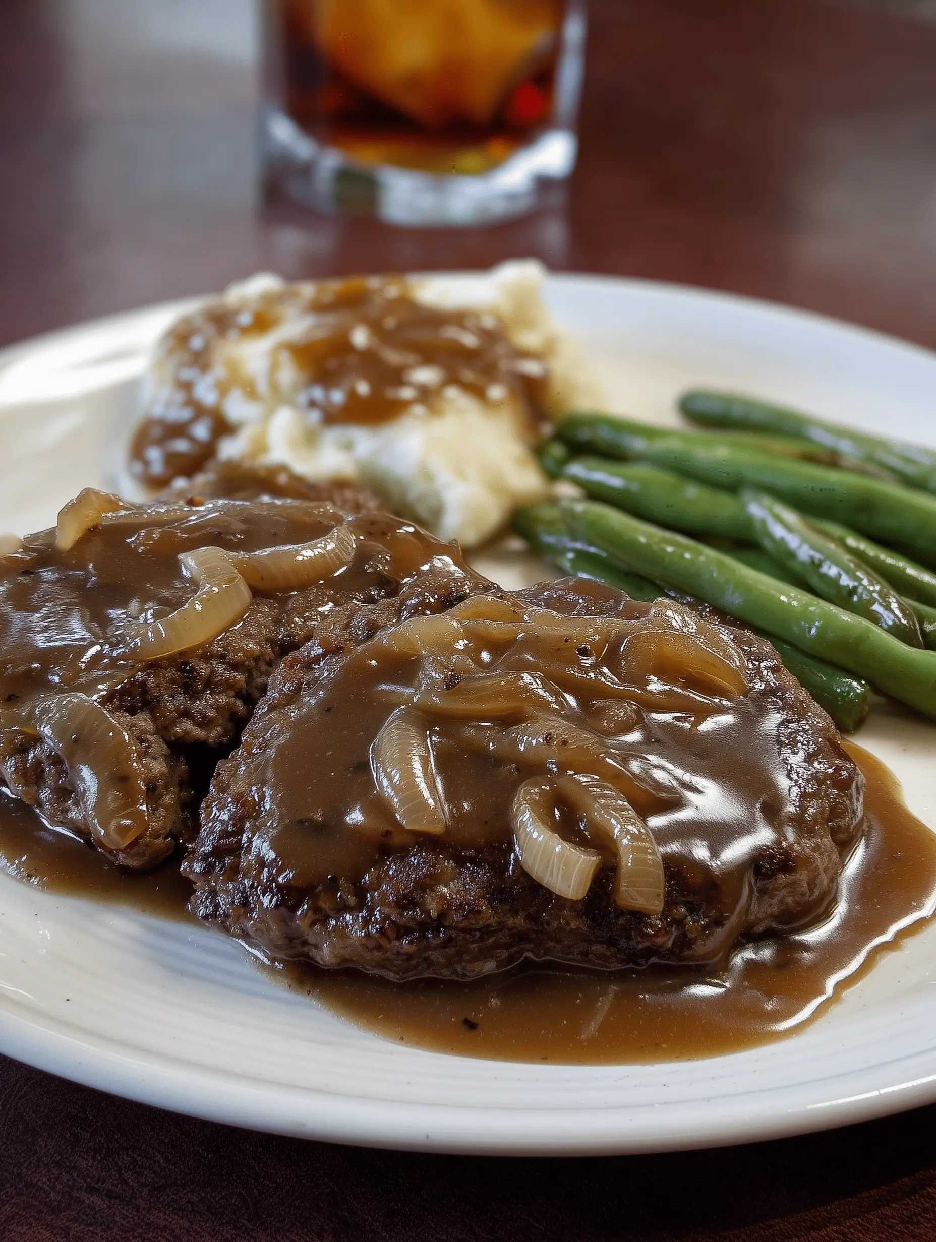 Hamburger steak with onions and gravy served with mashed potatoes