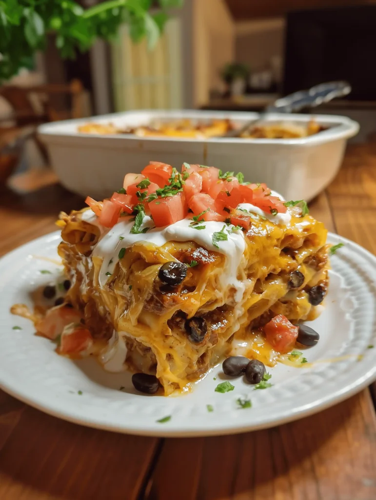 Mexican White Trash Casserole with Doritos, cheese, and shredded chicken in a baking dish