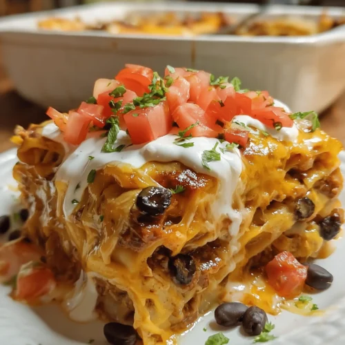 Mexican White Trash Casserole with Doritos, cheese, and shredded chicken in a baking dish