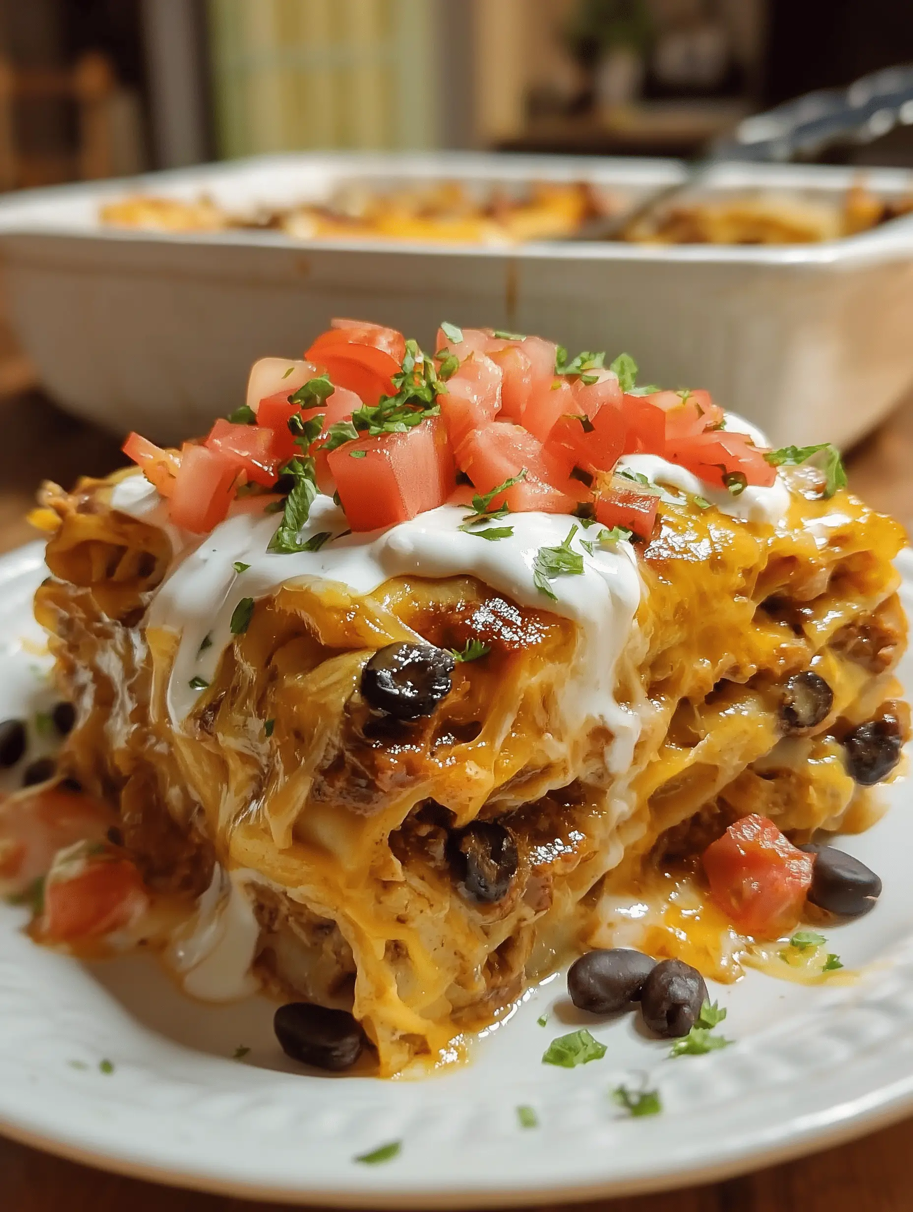 Mexican White Trash Casserole with Doritos, cheese, and shredded chicken in a baking dish