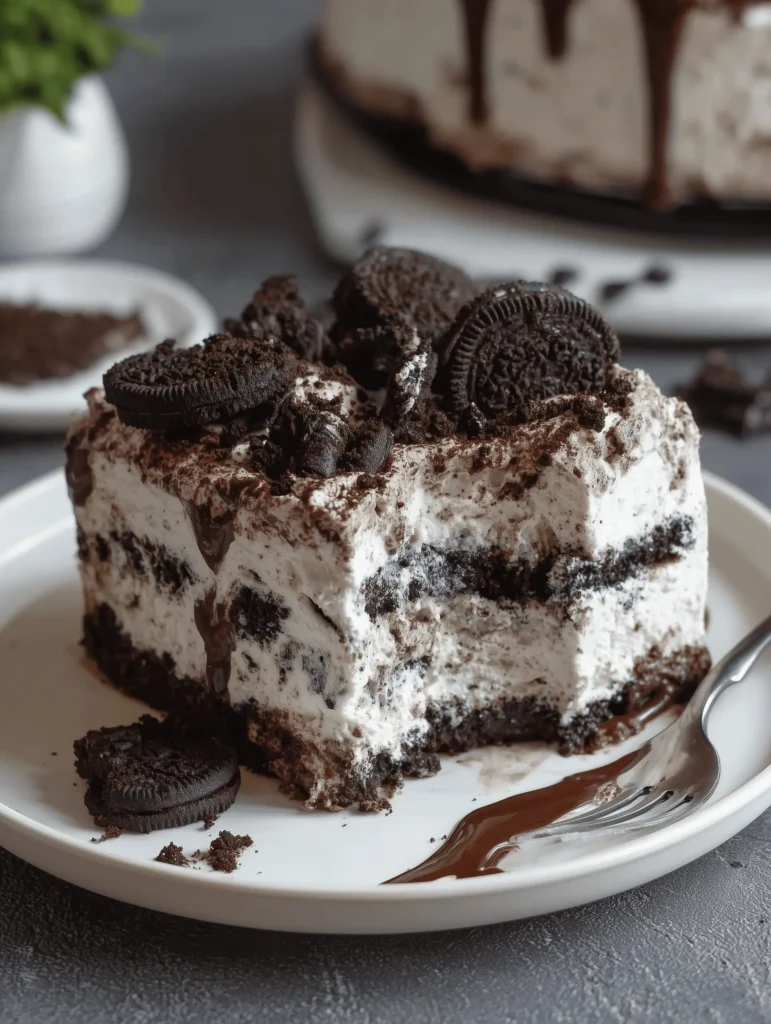 Delicious homemade Oreo Ice Cream Cake with layers of cookies and cream, perfect for summer.