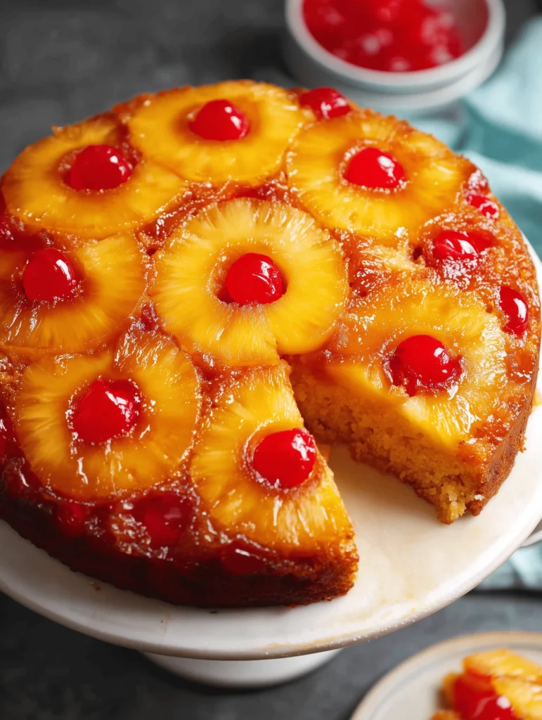 Moist Pineapple Upside Down Cake topped with caramelized pineapple and cherries