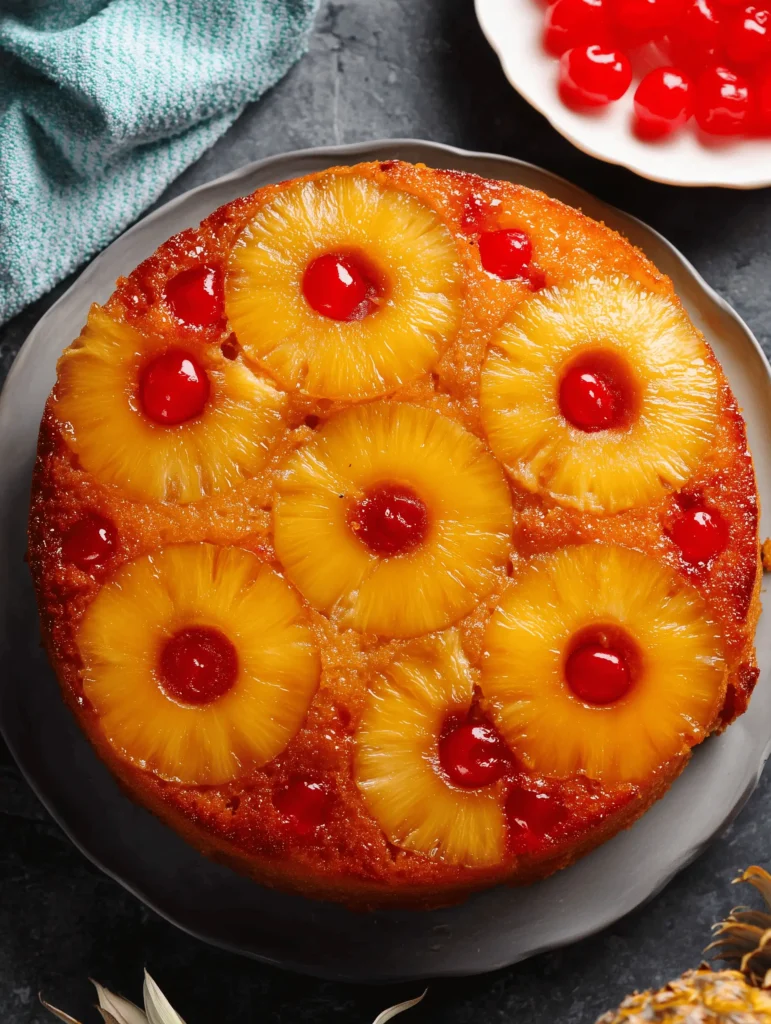 Moist Pineapple Upside Down Cake topped with caramelized pineapple and cherries