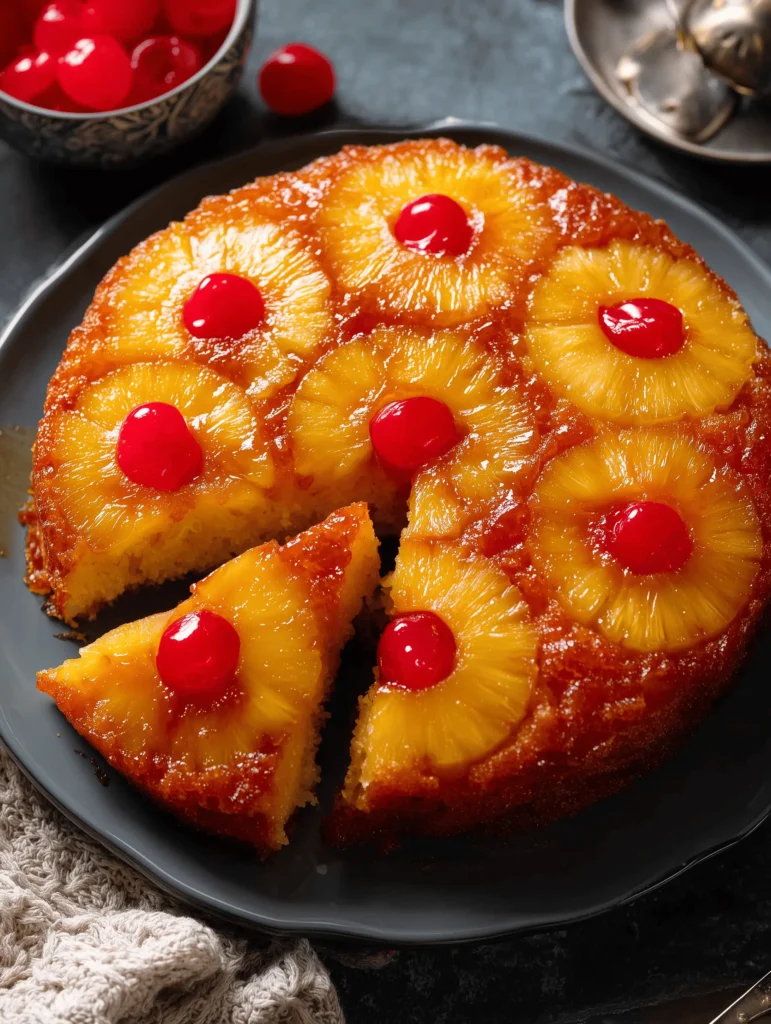 Moist Pineapple Upside Down Cake topped with caramelized pineapple and cherries