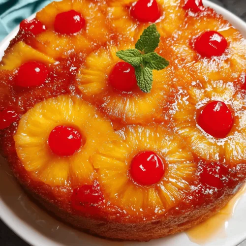 Moist Pineapple Upside Down Cake topped with caramelized pineapple and cherries