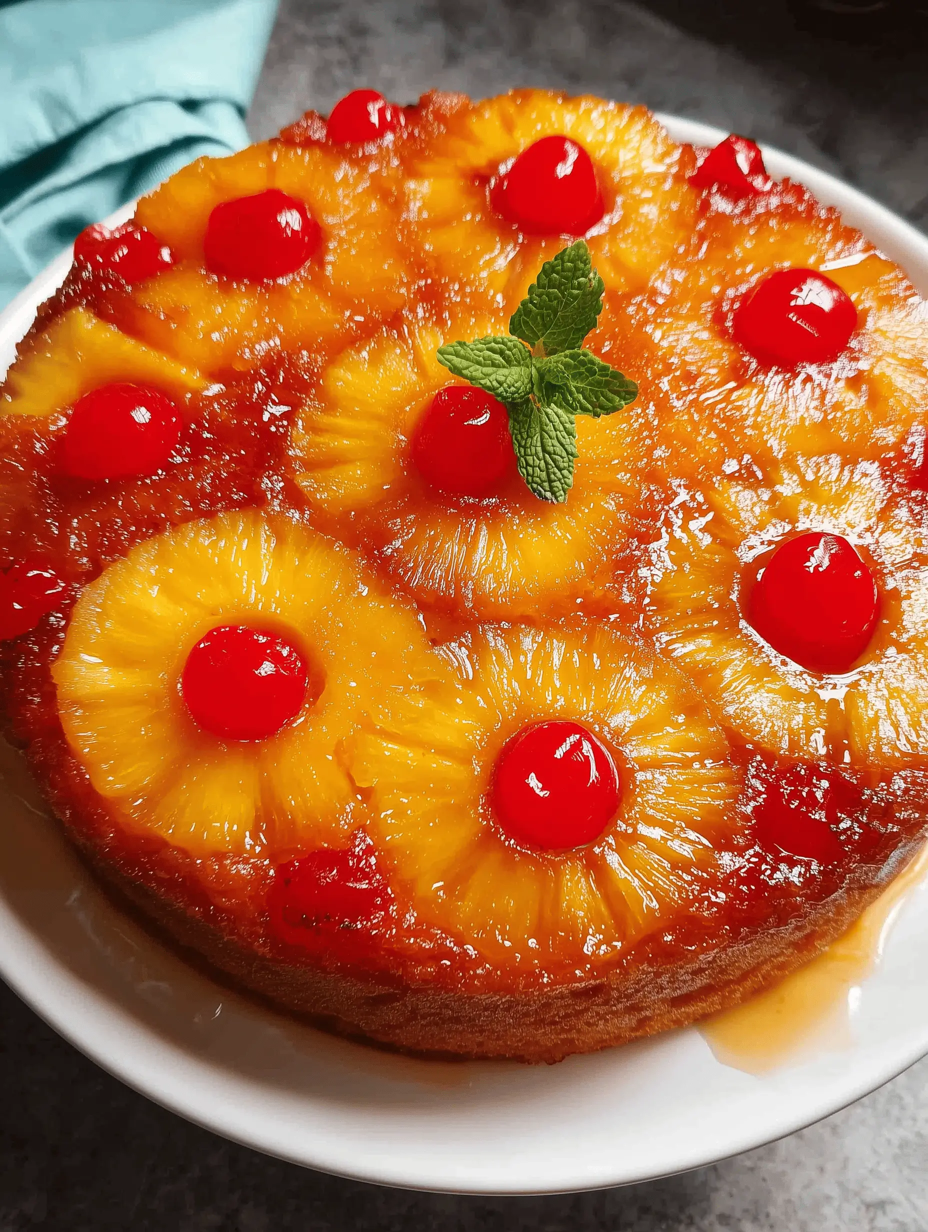 Moist Pineapple Upside Down Cake topped with caramelized pineapple and cherries