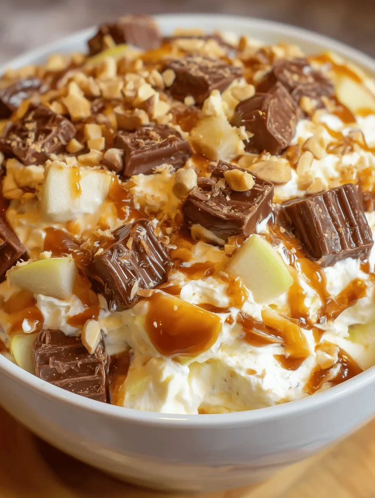 Snickers Caramel Apple Salad topped with caramel sauce and fresh apples in a white bowl.