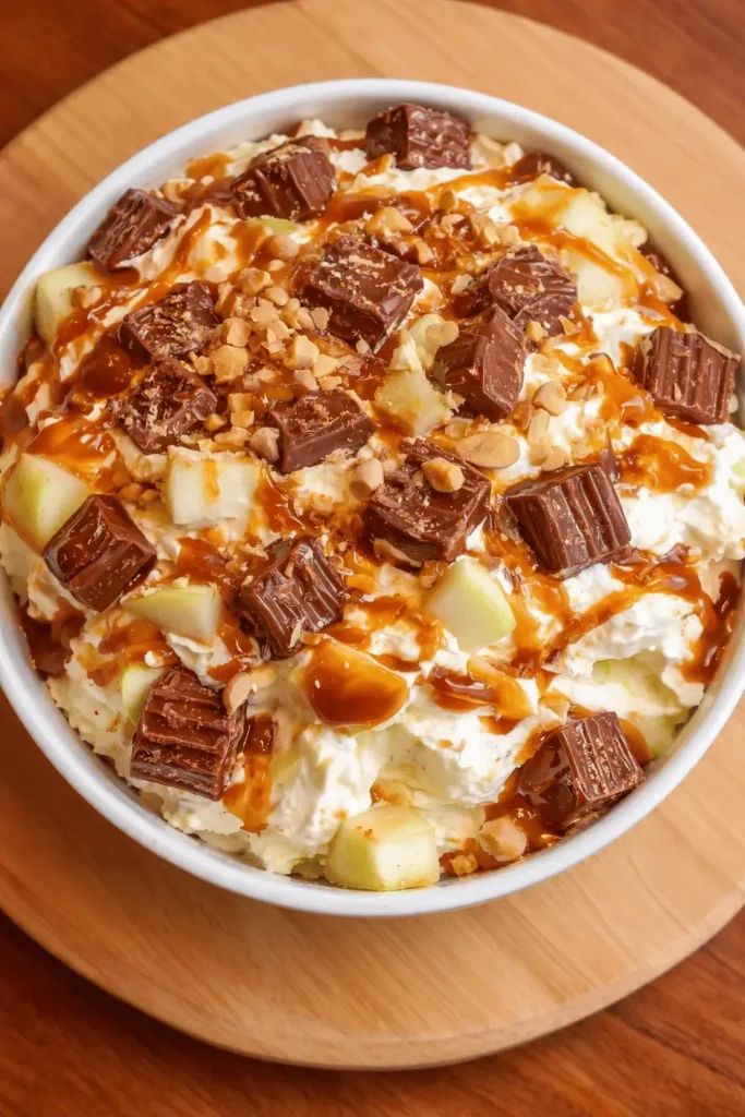 Snickers Caramel Apple Salad topped with caramel sauce and fresh apples in a white bowl.
