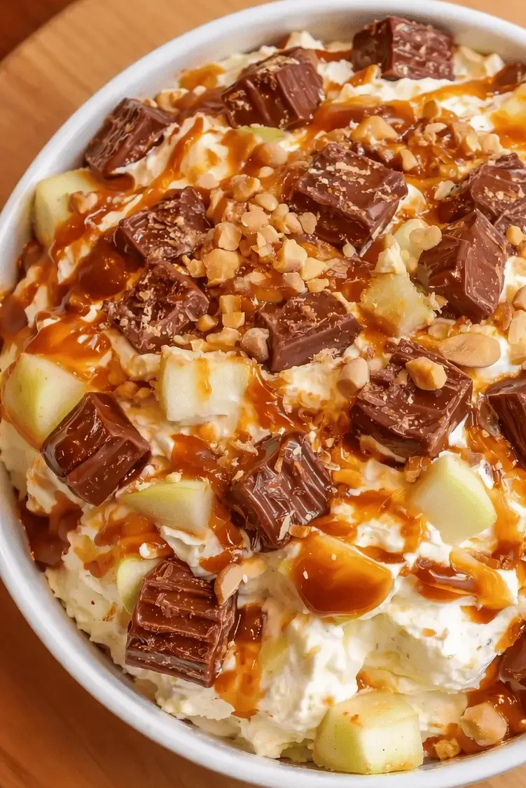 Snickers Caramel Apple Salad topped with caramel sauce and fresh apples in a white bowl.