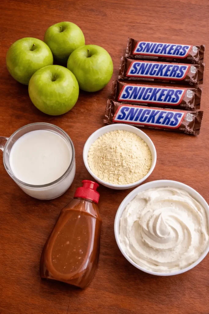 Snickers Caramel Apple Salad topped with caramel sauce and fresh apples in a white bowl.