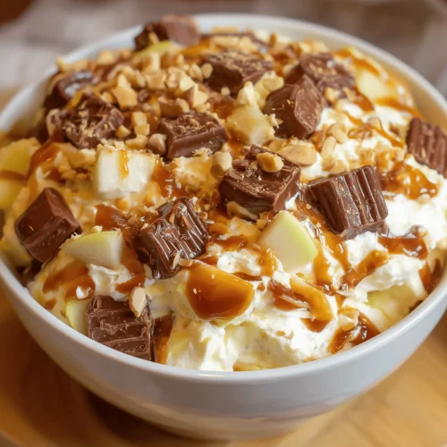 Snickers Caramel Apple Salad topped with caramel sauce and fresh apples in a white bowl.