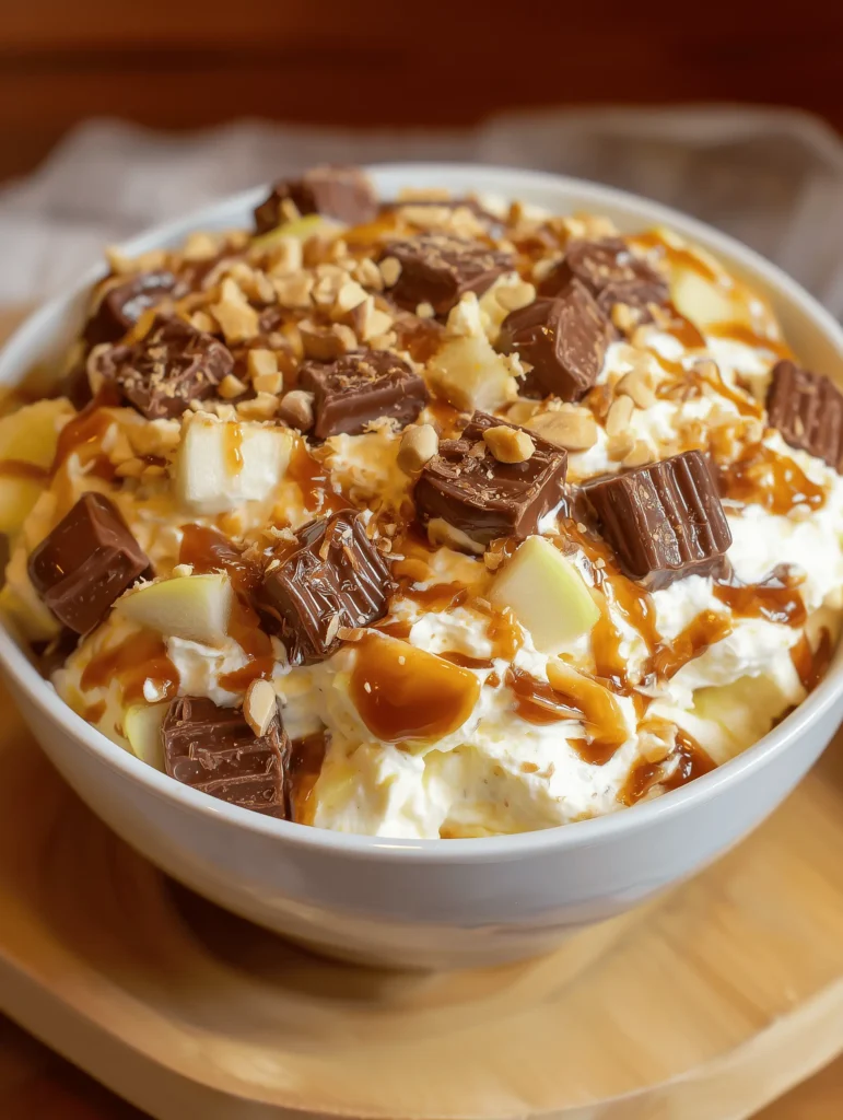Snickers Caramel Apple Salad topped with caramel sauce and fresh apples in a white bowl.