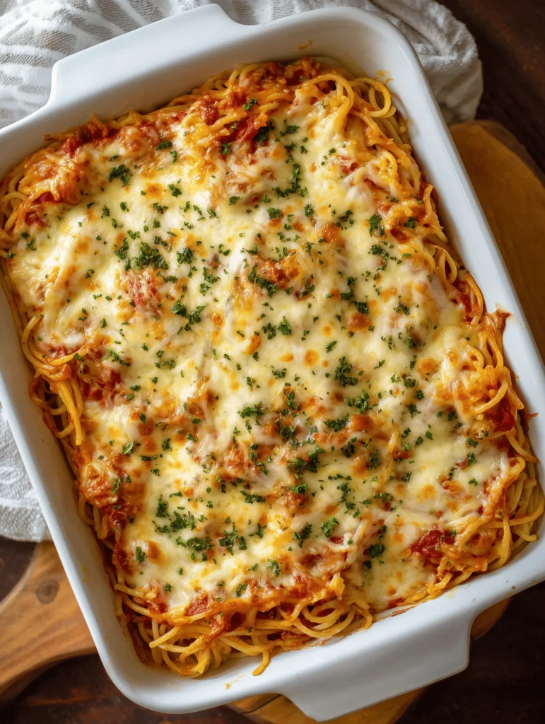 Delicious Baked Cream Cheese Spaghetti casserole with layers and creamy cheese sauce.