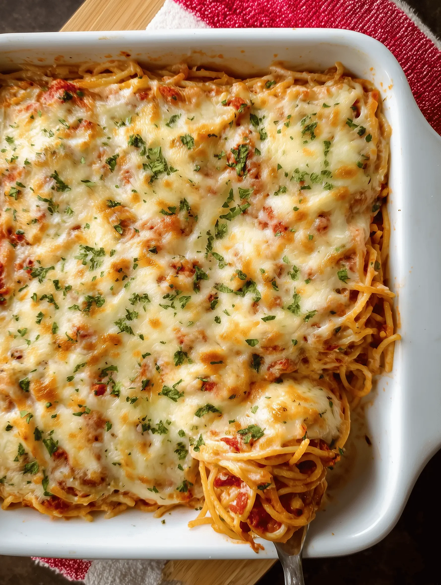Delicious Baked Cream Cheese Spaghetti casserole with layers and creamy cheese sauce.