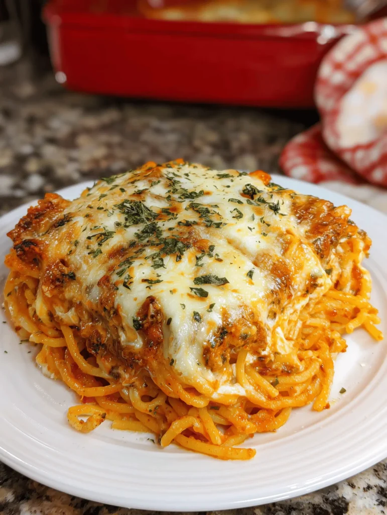 Delicious Baked Cream Cheese Spaghetti casserole with layers and creamy cheese sauce.